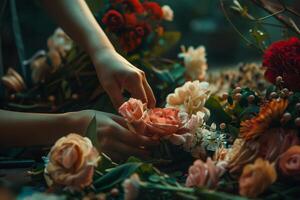 mujer florista haciendo hermosa ramo de flores en un flor tienda. de cerca. foto