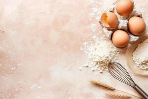 Background for baking. Flour, eggs, whisk on a light pink pastel background. photo