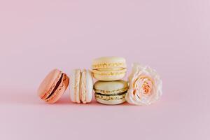 sabroso francés macarons con oferta Rosa flores en un rosado pastel antecedentes. foto