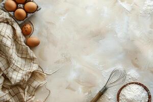 Background for baking. Flour, eggs, whisk on a light beige pastel background. photo