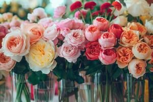 hermosa ramos de flores de rosas en un vaso floreros en un flor tienda. borroso flor tienda en un antecedentes. foto