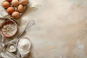 Background for baking. Flour, eggs, whisk on a light beige pastel background. photo