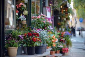 flor tienda decorado con diferente flores en un ollas. borroso calle en un antecedentes. foto