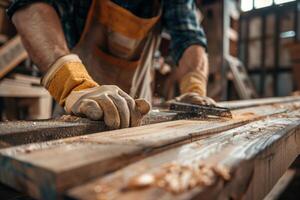 Carpenter's hands in a gloves with a wooden bar in workshop. photo