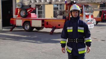 Kaukasisch brandweerman in helm en vol uitrusting komt eraan naar de camera en glimlachen video