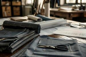 Tailor table with folders of sketches and fabrics. Modern sewing studio on a background. photo