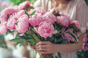 mujer florista haciendo hermosa ramo de flores de rosado peonías en un flor tienda. foto