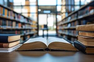 Open book on a table with stacks of books on the sides. Blurred modern library on a background. photo