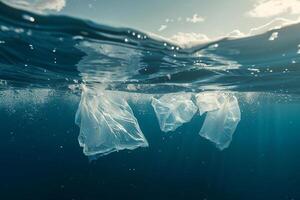 Plastic bags floating under the water in the ocean. photo