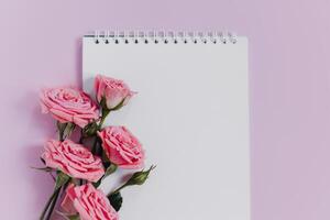 cuaderno con blanco página y Rosa flores en rosado antecedentes. foto