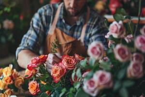 Male florist making beautiful bouquet in a modern flower shop. Close-up. photo