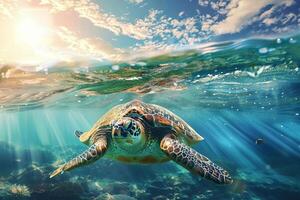 Sea turtle underwater in the ocean. Blue sky above. Concept for world ocean day. photo