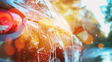 Car wash on blurred background in a sunny day. Close-up. photo