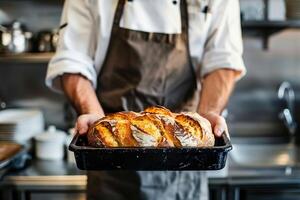 Chef's hands holding baking tray with fresh bread. Front view. photo