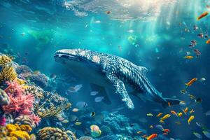 Large whale and small tropic fish floating underwater. Corals and seaweed on a bottom. photo