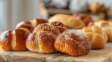 Assortments of tasty buns on a light wooden table in a bakery. photo