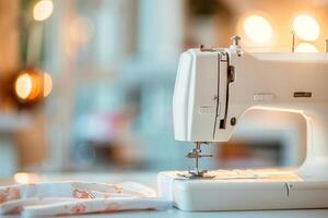 Sewing machine on blurred background in a modern interior fashion design studio. photo