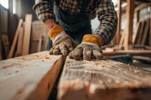 Carpenter's hands in a gloves with a wooden bar in workshop. photo