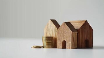 Wooden house models stands on a stacks of coins. Real estate concept. photo