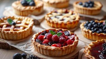 Assortments of tasty pies with different fruits on a light wooden table in bakery. photo
