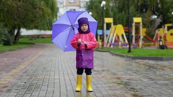 Kind mit ein Regenschirm Spaziergänge im das Regen. glücklich Junge mit Regenschirm draußen video