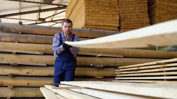 lavoratore scaricare e riorganizzare di legno tavole su un' estate giorno all'aperto. Conservazione di legname per costruzione nel un Aperto magazzino video