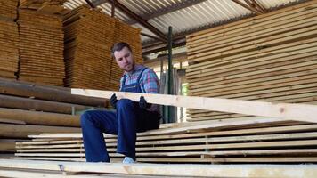 concetto - vendita di legname. costruttore è considerando legna tavole. concetto - legna in lavorazione attività commerciale. legna legname pila di di legno tavole video
