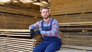 joven masculino trabajador en madera Tablas de madera depósito. concepto - rebaja de Tablas de madera video