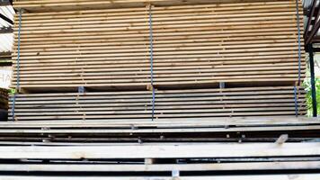 Stacked lumber. Folded wood. Closeup wooden boards. The surface of the end of the board. Lots of planks stacked on top of each other in the warehouse. Lumber for use in construction video