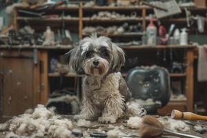 el secuelas de un mascota aseo sesión, herramientas disperso, piel en todos lados, un sucio aún satisfactorio trabajo foto