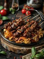 A platter of sweet and spicy meat skewers over a bed of freshly made pasta, inviting a taste of adventure photo