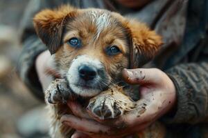 voluntarios alcanzando fuera a cuidado para un sucio, descuidado mascota, ofrecimiento esperanza y un oportunidad para un nuevo comenzando foto