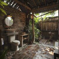 An outdoor bathroom blends the convenience of a toilet with the fresh feel of open air, unlike any garage setting photo