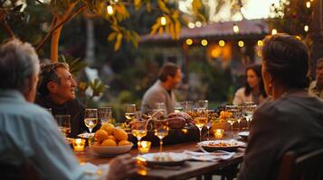 A bustling family dinner, laughter fades as disagreement arises, one person retreats into the quiet garden alone photo