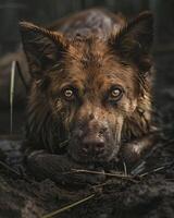 un abandonado mascota con piel apelmazado en suelo, ojos Suplicando para cuidado, capturado en el oscuro ligero de oscuridad foto