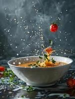 Gourmet chefs challenge norms, turning prepackaged soup into a culinary masterpiece with fresh herbs photo