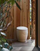 The installation of a toilet outdoors, away from the typical bathroom setting, introduces a connection with the open air photo