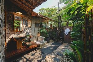 A garage transformed into an outdoor bathroom area, with a toilet under the open sky, redefines space usage photo