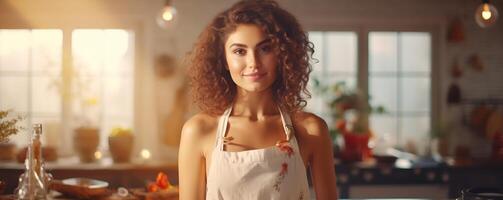 retrato de un Moda mujer en el cocina, Rizado pelos de un mujer, retrato de un bonito joven Moda modelo, bonito Moda niña bandera foto