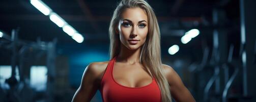 retrato de un Moda mujer en un gimnasia, Rizado pelos de un mujer, retrato de un bonito joven Moda modelo, bonito Moda niña bandera foto