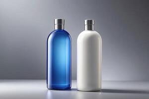 prima pelo cuidado producto botellas con espacio para marca en un sofisticado gris antecedentes foto