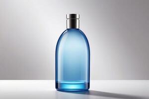 Sleek Blue Skincare Bottle with Space for Branding on a Minimalist Background photo