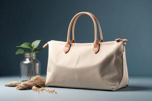 Eco-Chic Canvas Tote Bag with Leather Straps - Minimalist Style Meets Functional Elegance photo