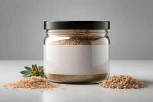 Natural Brown Granulated Sugar in Glass Jar with Black Lid - Eco-Friendly Sweetener for Gourmet Baking and Culinary Creations Mockup photo