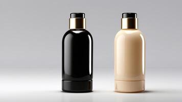 Luxury Foundation Bottles in Black and Beige with Gold Accents on a Sleek Gradient Background photo