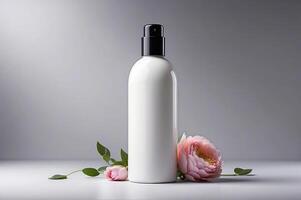 elegante blanco cosmético rociar botella con rosado floral embellecimiento - protección de la piel embalaje Bosquejo para marca y belleza producto presentación foto