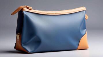 Armada azul y bronceado cuero tocador viaje bolso con elegante minimalista diseño en un gris antecedentes foto