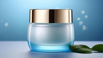 Sophisticated Aqua-Tinted Skincare Jar with Golden Lid Accentuated by Natural Leaf on a Serene Blue Background photo