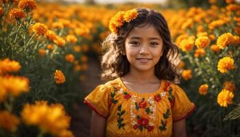 Happy girl in the field of Marigold field wearing mexican dress. photo