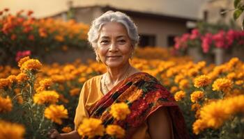 Mature Woman in a field of marigold flowers. photo